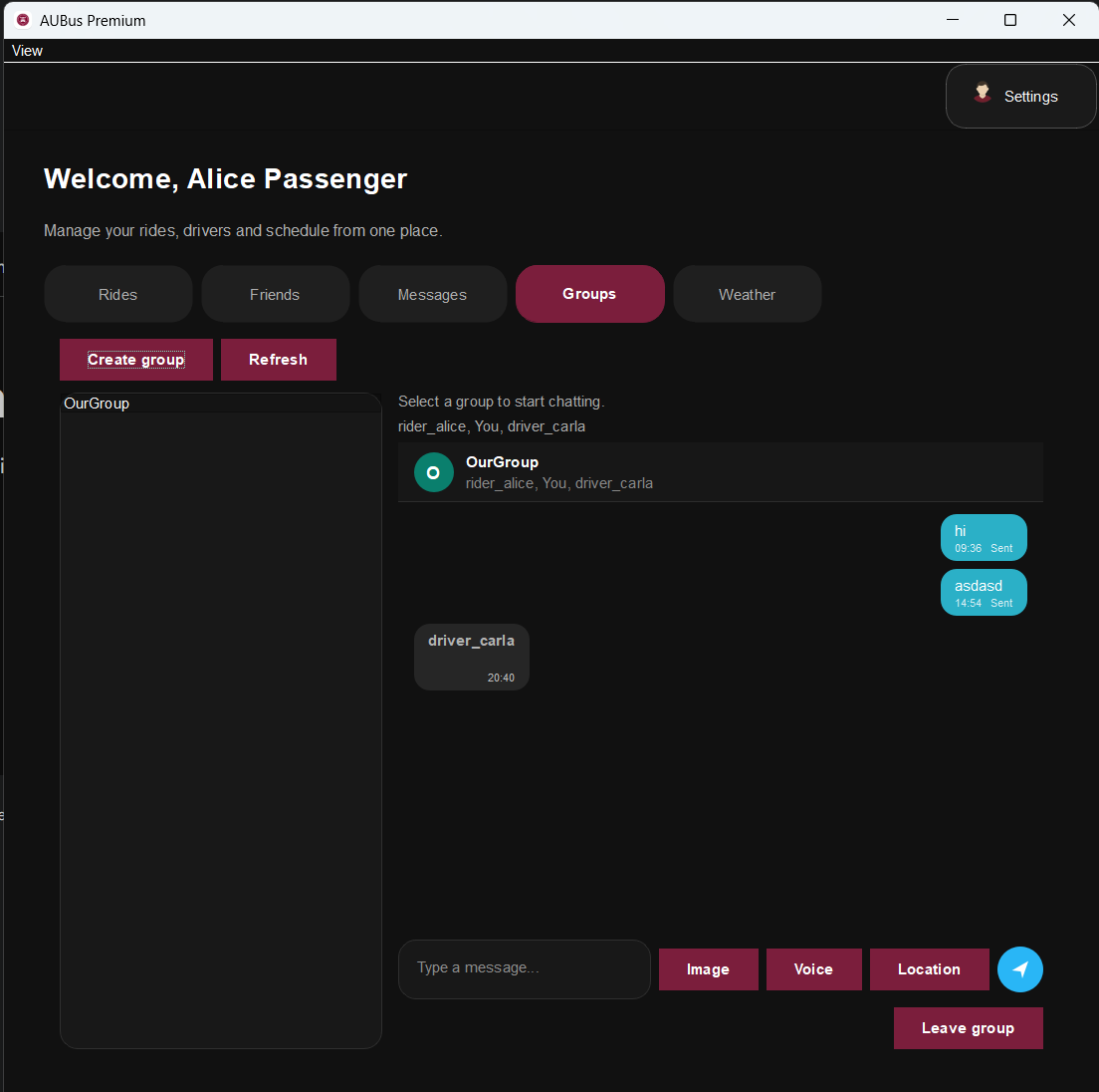 Group chat interface with create group and leave group actions