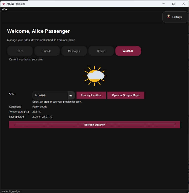 Weather display showing live conditions with area selector and Google Maps link