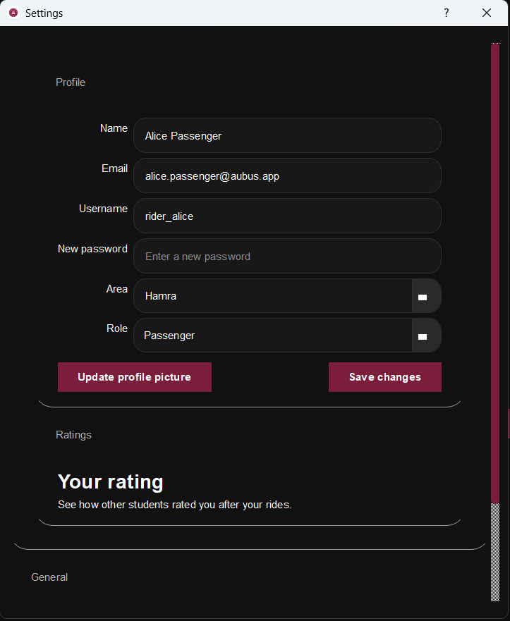 Profile settings panel with username, password, area, role, and rating