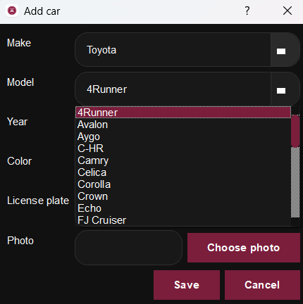 Car catalogue - make and model selection dropdown