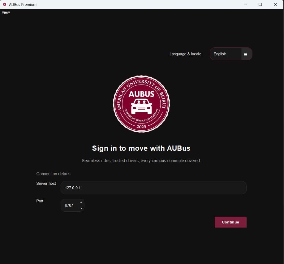 AUBus Premium landing screen - dark theme with server connection setup