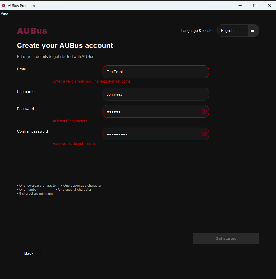 Account registration form with real-time password validation