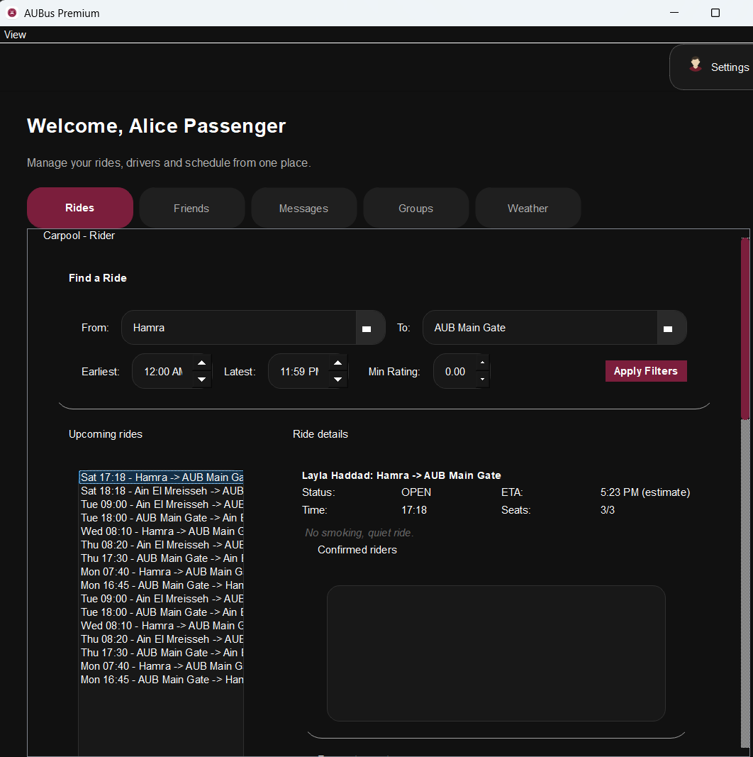 Passenger dashboard with ride search filters and upcoming rides list