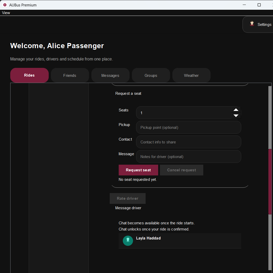Request a seat modal with pickup point and notes for driver