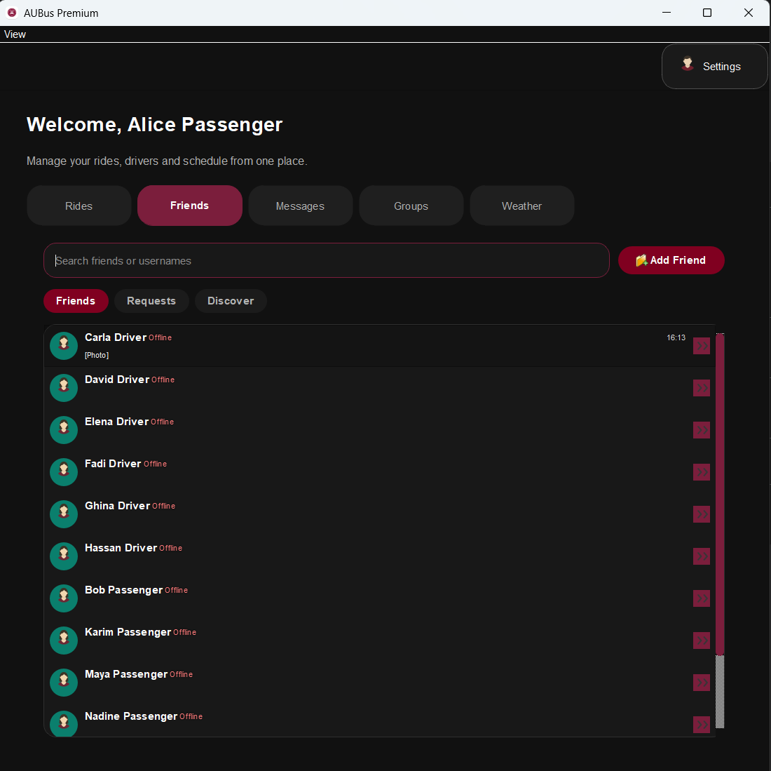 Friends tab showing online and offline status for all contacts
