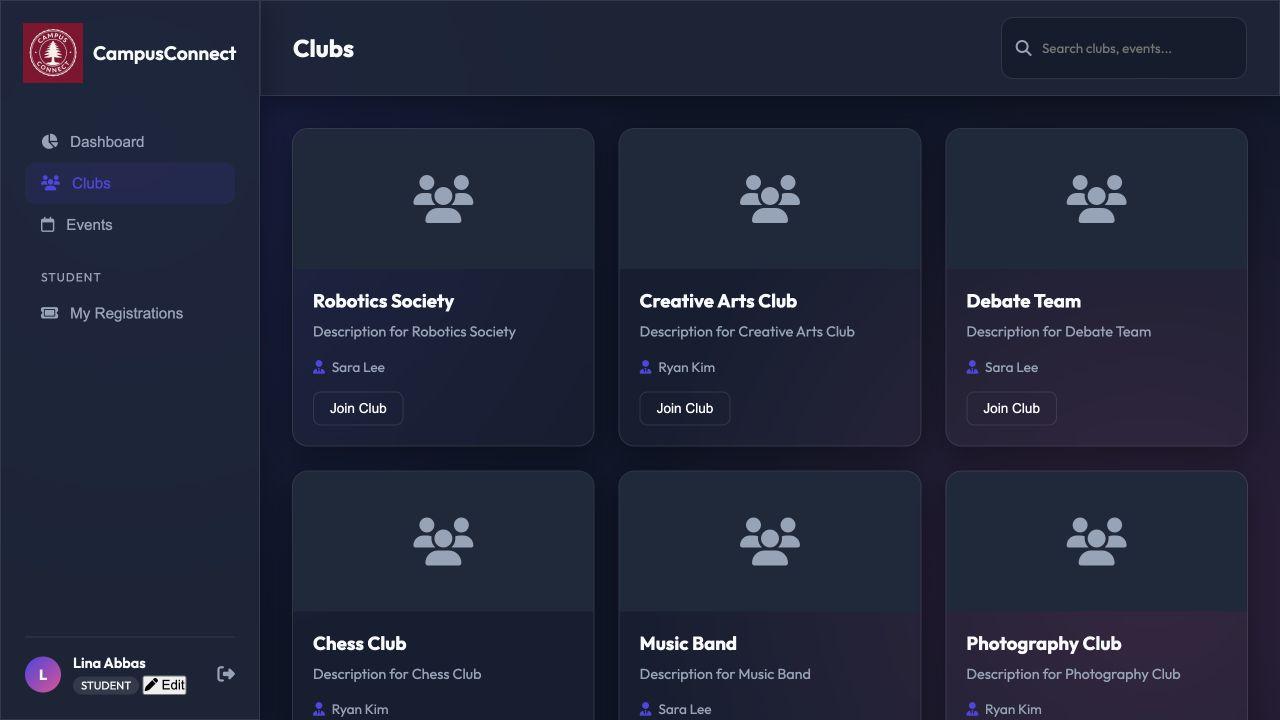 CampusConnect clubs view showing club cards and join actions
