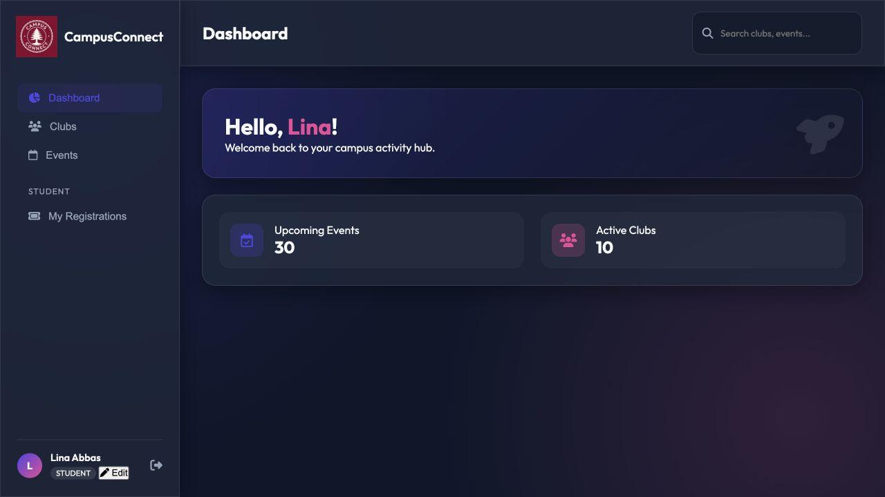 CampusConnect student dashboard with upcoming event and active club counts