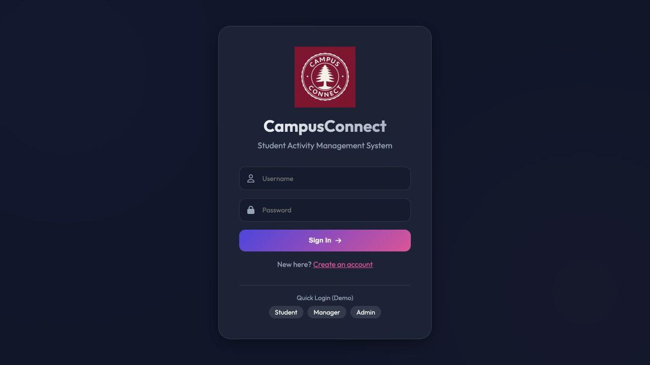 CampusConnect login screen with seeded demo account shortcuts