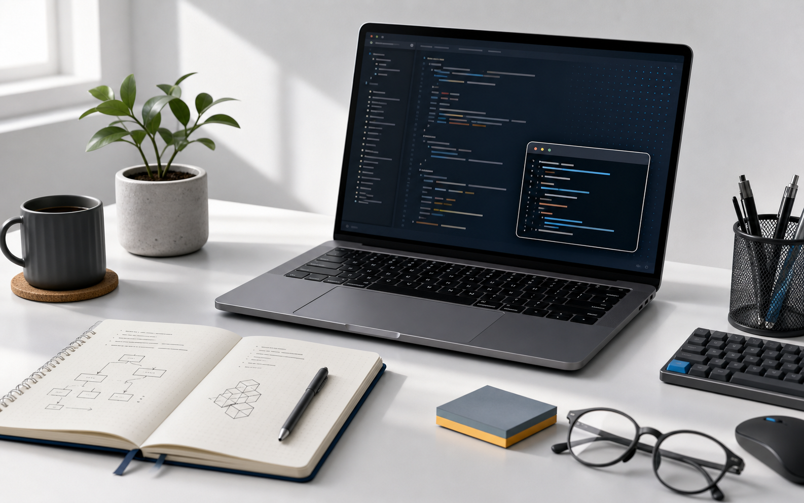 A clean developer workspace with laptop, code, notebook, and study tools