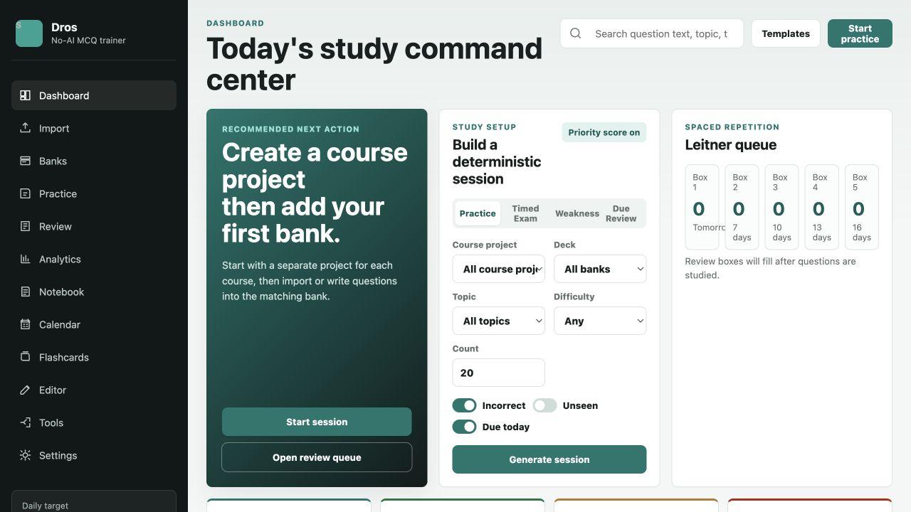 Dros dashboard with study setup, Leitner queue, and practice controls
