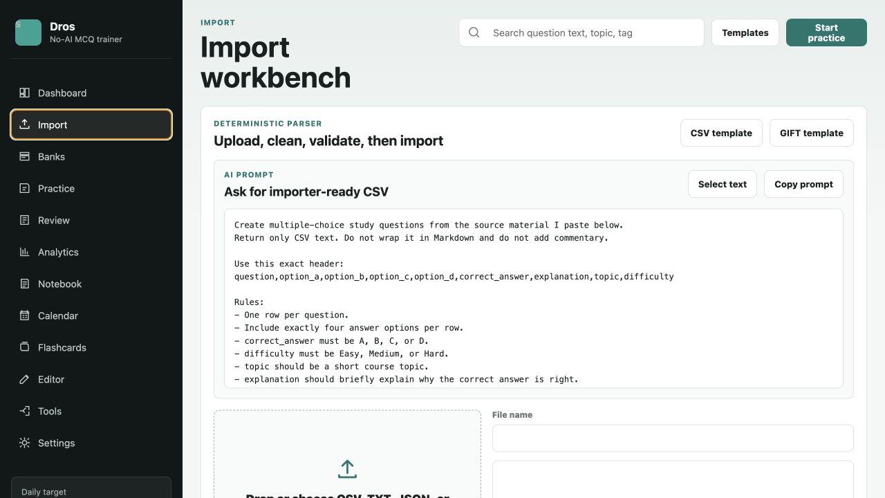 Dros import workbench with CSV prompt, upload area, and validation preview