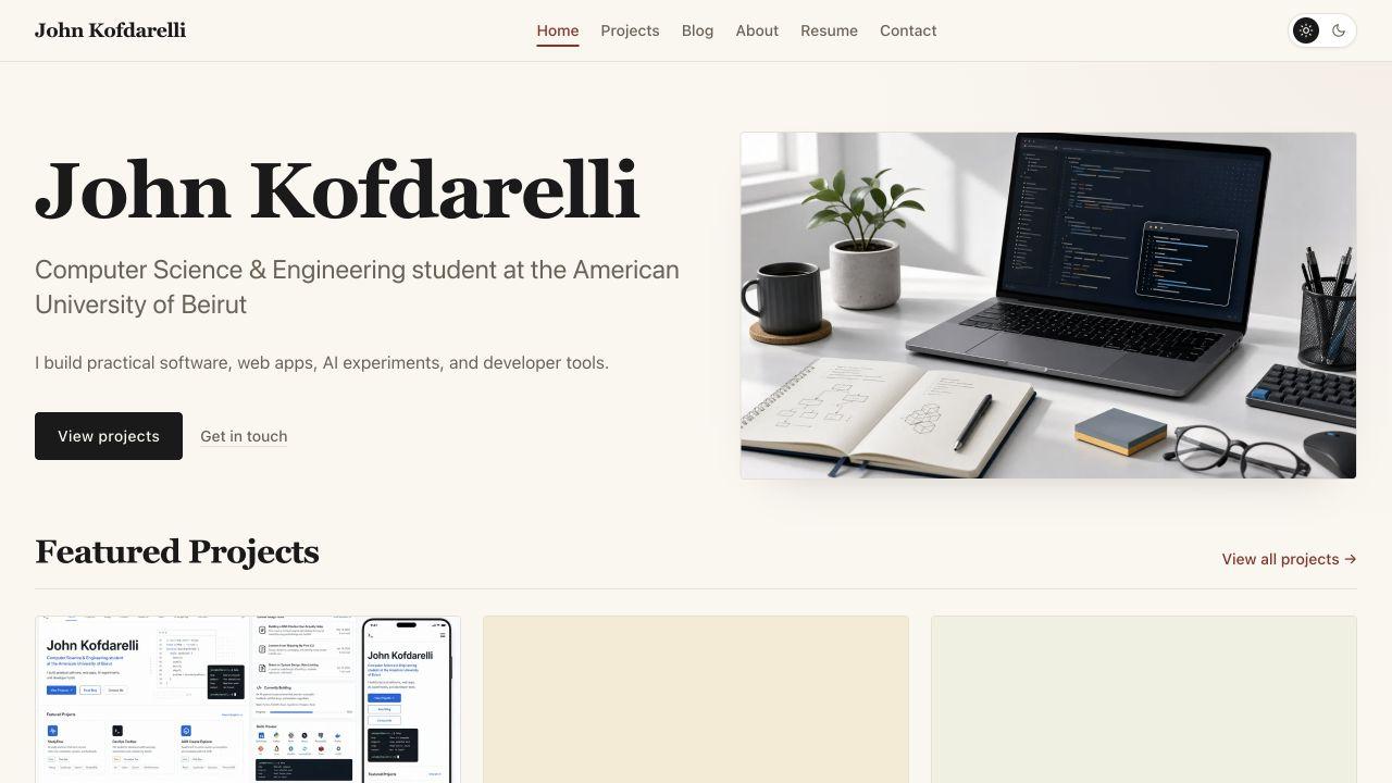 Portfolio homepage with hero, featured projects, and latest writing